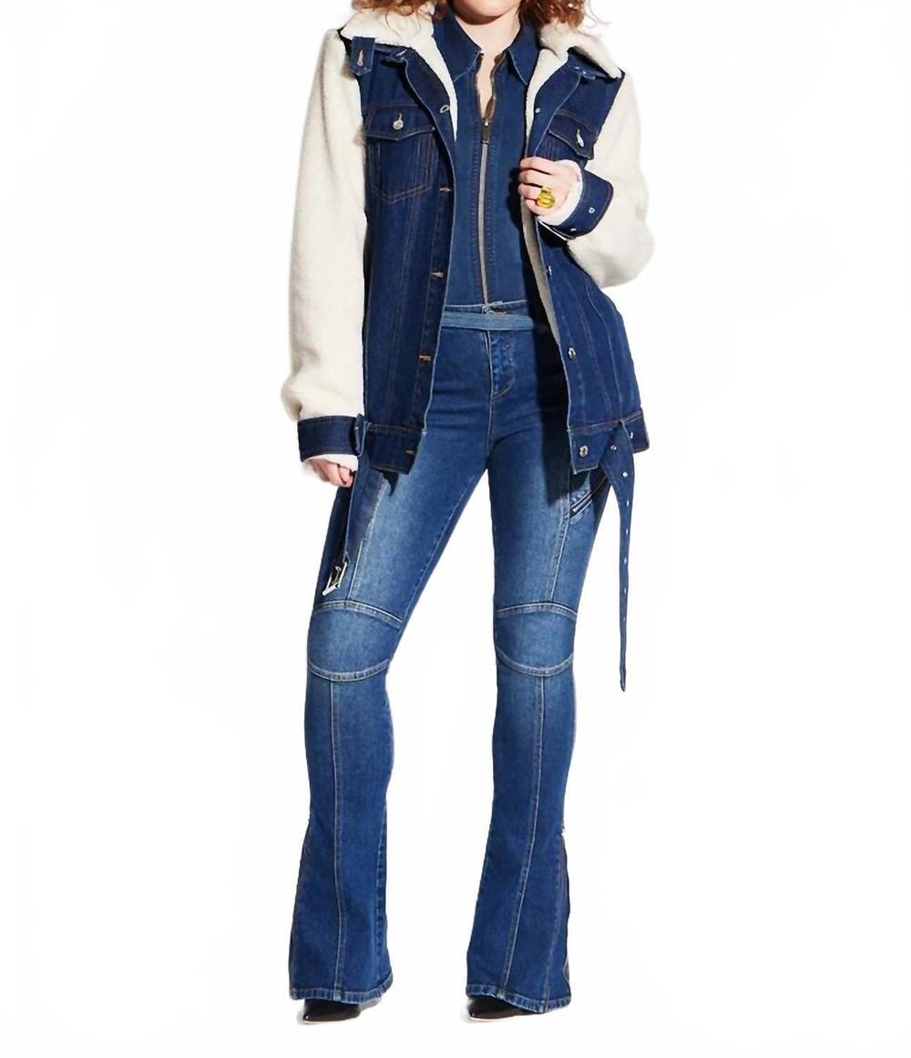 NEW CIRCULAR PATH teddy denim moto jacket in midnight blue/cream/silver